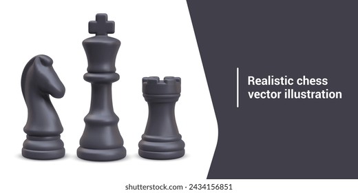 Group of black chess pieces on white background. 3D king, knight, rook