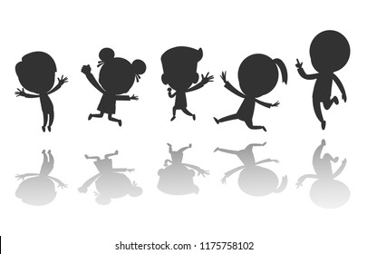 Group of black children silhouette jumping, Child silhouettes dancing, Kids silhouettes jumping on white background Vector illustration