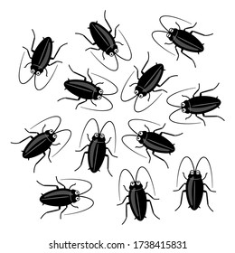 A group of black cockroaches. Cartoon character illustration.