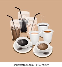 A Group of Black Coffee, Takeaway Coffee and Iced Coffee Stay on Retro Brown Background 