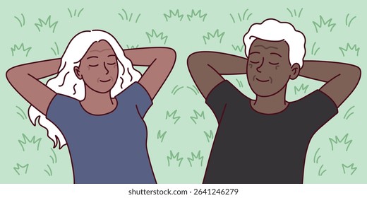 Group of black dark brown skinned senior people with white hair resting on grass together. Represents healthy aging, inclusion, relaxation, and emotional unity in nature