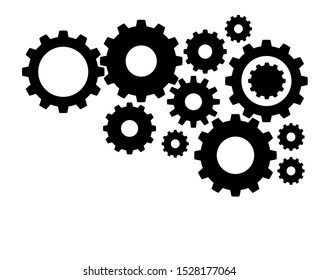 A group of black gears in various sizes isolated on white background. Concept of industrial, engineering, factory, process, machine and etc. There’s a copy space for your text.