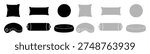 Group of black and gray pillows, square, rectangular, round, and contoured shapes.