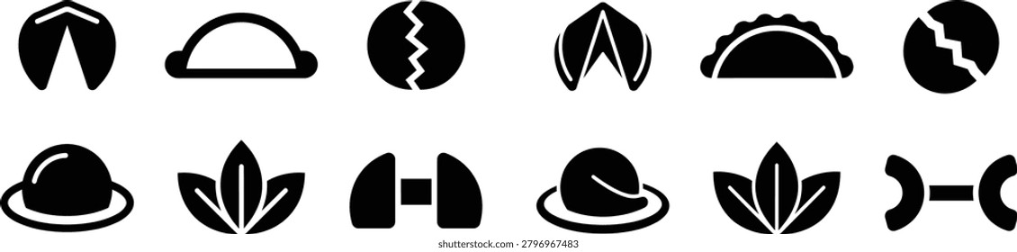 Group of black icons representing fortune cookies, tacos, and related items. Symbolic elements for food, luck, and culture. Isolated shapes for creative designs.