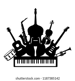 Group of black musical instruments guitars piano bass saxophone trumpet drum violin on white background. Vector illustration of minimal music band orchestra classic set for concert audio record studio