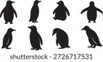 A group of black penguin silhouettes featuring different stances and side views for winter designs.