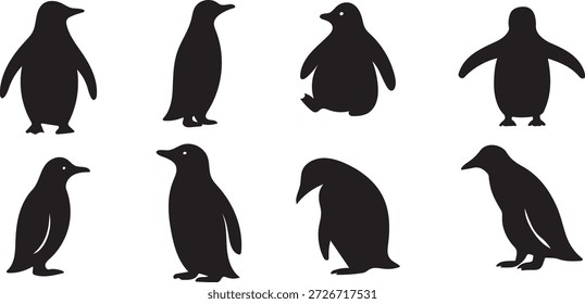 Un grupo de siluetas de pingüino negro con diferentes posturas y vistas laterales para diseños de invierno.