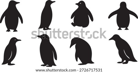 A group of black penguin silhouettes featuring different stances and side views for winter designs.