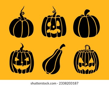 Group of black pumpkin and jack o lantern silhouettes, Halloween decoration, design elements, spooky cabbages.