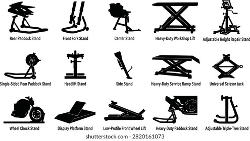 A group of black silhouette displaying various motorcycle paddock stands, workshop lifts, scissor jacks, and repair tools on white.