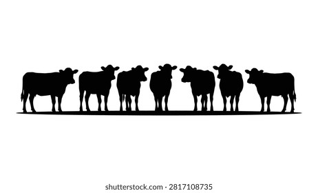 Group of black silhouetted cows standing together in a line