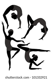 Group of black silhouettes of female gymnasts in the gray leotard