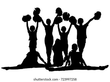 Group of black silhouettes of girls on cheerleading on a white background. Team, support group. Sports, cheerleading, split.