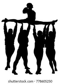 Group of black silhouettes of girls on cheerleading on a white background. Team, support group. Sports, cheerleading, split.