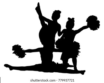 Group of black silhouettes of girls on cheerleading on a white background. Team, support group. Sports, cheerleading, split.