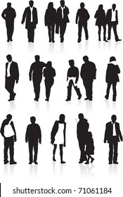 A group of black silhouettes, highly detailed of people in different walking positions