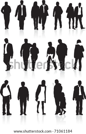 A group of black silhouettes, highly detailed of people in different walking positions