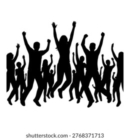 A group of black silhouettes of people jumping up in the air with their hands raised in celebration on a plain white background