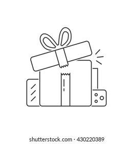 group of black thin line gift boxes. concept of wonder, 8 march, women, valentine or mother day, fair, prize, rewards. flat style trend logotype graphic design vector illustration on white background