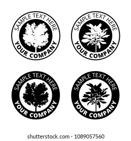 Group of black tree logo circle border, set of silhouette forest icon sphere print, ecology plant sign in cycle label.