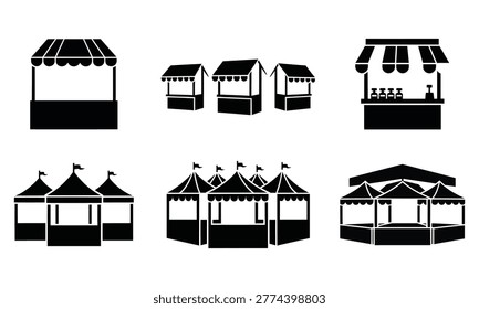 Group of black vector market stall icons including tents kiosks and retail booths for street fair design templates.