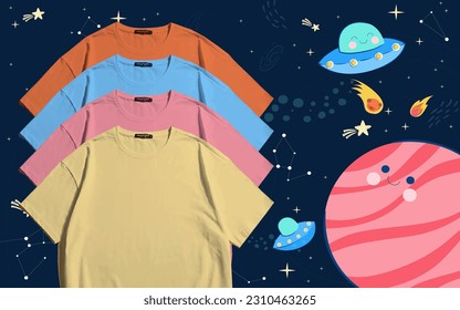 Un grupo de camisetas de color en blanco con espacio y planetas . Camisas de color naranja , azul claro , rosa claro o bebe rosa y blanco marrón colección de maquetas gratis