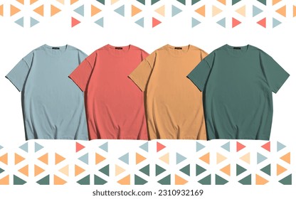 Un grupo de camisetas en blanco con diferentes colores. Diseño de simulación de camiseta en color verde oscuro verde claro rojo verde oscuro o negro con fondo geométrico