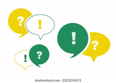 Gruppe von Blindgelb und Grün mit Fragezeichen und Ausrufezeichen auf dem Symbol für Sprachblase auf weißem Hintergrund für Kommunikation, Konzept für Kundenrückmeldung