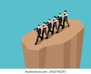 Group of blindfolded businessmen walking into the cliff - inexperience business people 3d isometric vector illustration