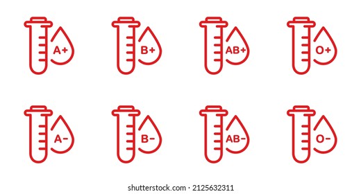 Group Of Blood In Test Glass Tube Red Line Icon. Positive And Negative O, A, B, AB Types Of Blood Sign Set. Sample Of Blood Type Outline Icon. Plasma Drops Collection. Isolated Vector Illustration.