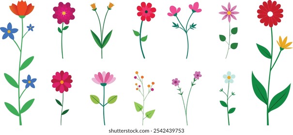 Group of Blossom Botanical Decorative Wildflower Outline Collection Drawing Abstract and Elegant Flat Flower Set Hand Drawn Bundle Line Art EPS 10 - V06