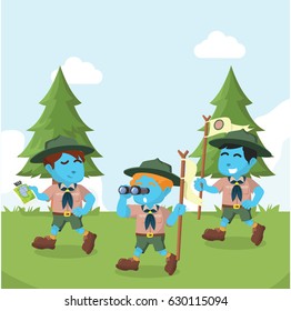 group of blue boyscout walking in forest
