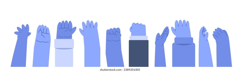 A group of blue cartoon hands raised up. Many hands in a row banner. Business vector illustration