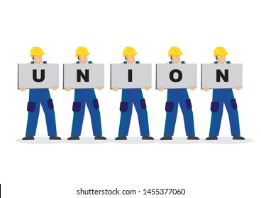 A group of blue collar workers with placards to form the text union. Concept of worker union or teamwork. Flat cartoon vector illustration.