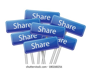 Group of blue metal post signs with text "Share" VECTOR