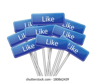 Group of blue metal post signs with text "Like" vector