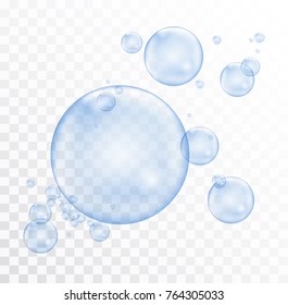 Group of blue realistic shiny flying soap bubbles isolated on transparent background