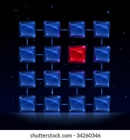 Group of blue square glass blocks with one glowing red and standing out of the row (other images from this series are in my gallery)
