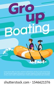 Group boating poster vector template. Extreme watersport. Brochure, cover, booklet page concept design with flat illustrations. Rafting experience. Advertising flyer, leaflet, banner layout idea