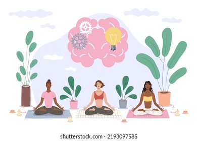 Group body training for peaceful, creative thinking, harmonious life. Happy group of women meditate in lotus position, relax healthy lifestyle. Vector cartoon flat isolated concept