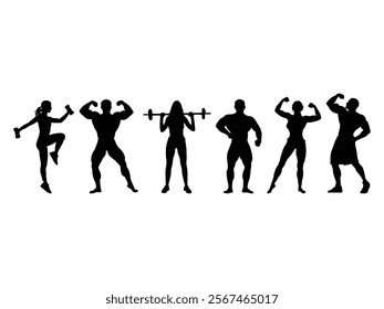 Group of Bodybuilder Silhouette isolated white background. Vector Illustration