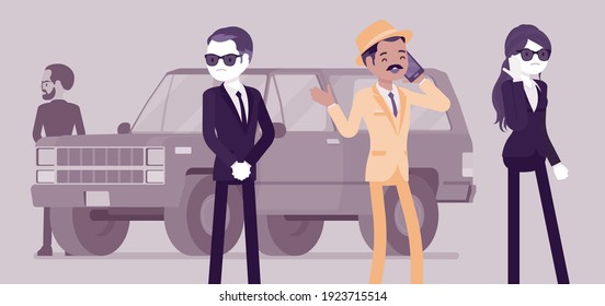 Group of bodyguard people escort and protect important famous man. Personal security for vip celebrity, mafia boss by trained professionals, safe private life. Vector creative stylized illustration