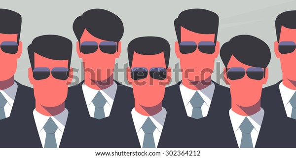 Group of bodyguards in dark suits and dark\
glasses. Secret service agents. Protection \
concept. Retro style\
illustration.