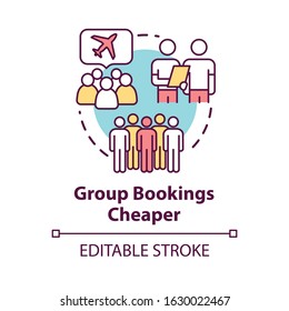Group booking cheaper concept icon. Collective tour reservation discounts idea thin line illustration. Tourists traveling together vector isolated outline RGB color drawing. Editable stroke