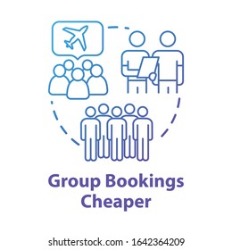 Group booking cheaper concept icon. Collective tour reservation discounts, money saving travel idea thin line illustration. Tourists traveling together vector isolated outline RGB color drawing