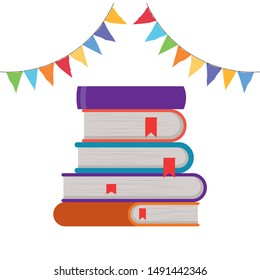 Group of books and banner pennant design vector illustration