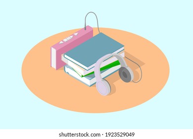 A group of books and headphones connected to a book, an isometric concept of audiobooks.