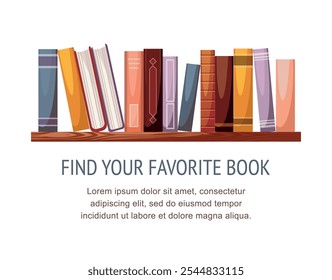 Group of books on a wooden bookshelf, isolated on white background. Vector illustration