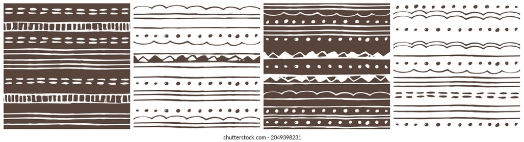 Group of Border doodle hand drawn seamless patterns, backgrounds with abstract elements: lines, dots, triangles. Set of vector white brown fall winter illustrations for decoration