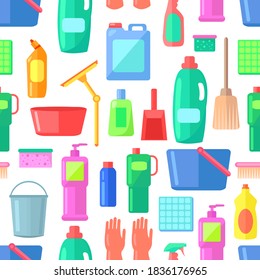 Group of bottles of household chemicals, supplies and cleaning, tools and containers for cleaning. Icons set of multicolored plastic flasks from chemical detergents, mops, buckets, basins, brushes